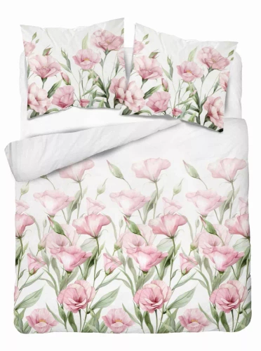 5328 B Satinbettwäsche Große rosa Blumen auf weißem Hintergrund Detexpol