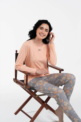 Kasali Damen Schlafanzug mit langen Ärmeln und Hose Italian Fashion - lachs/print