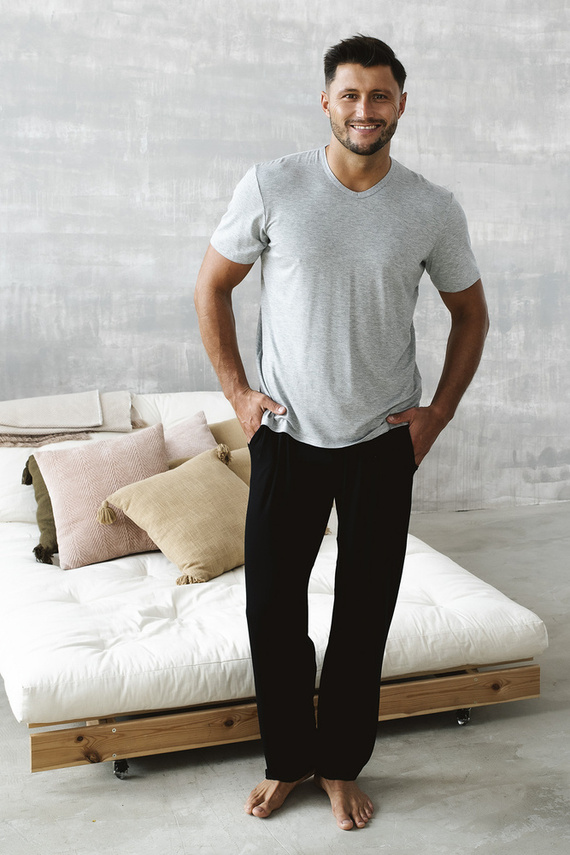 Dallas Herren Kurzarm-Pyjama, lange Hose Italian Fashion- melange/schwarz