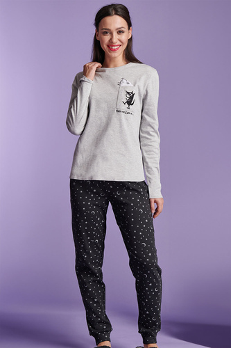 Shearly Piżama damska Sorbetto szara – 100% bawełna, aplikacja 3D, spodnie z ściągaczami