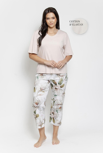 Afrodyta Taro Damenpyjama aus Baumwolle mit Blumenprint, 7/8-Hose, Halbarm