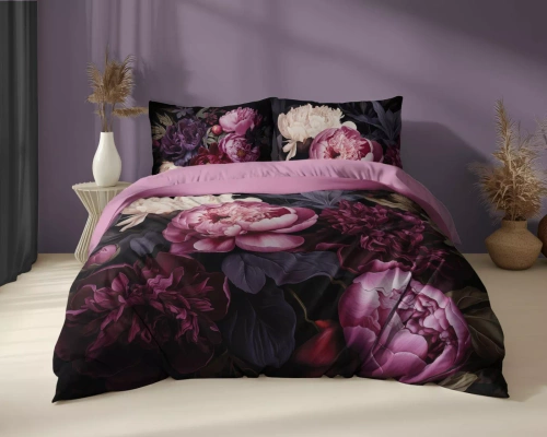 5129 A Holland Detexpol-Baumwollbettwäsche, schwarz mit Pfingstrosen in Burgunder- und Rosatönen – 100 % Baumwolle, doppelseitig, polnische Produktion