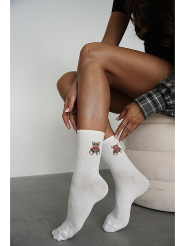 Damen Socken Milena 0200-265 Baumwolle Bär mit Fliege Druckfreie ecru