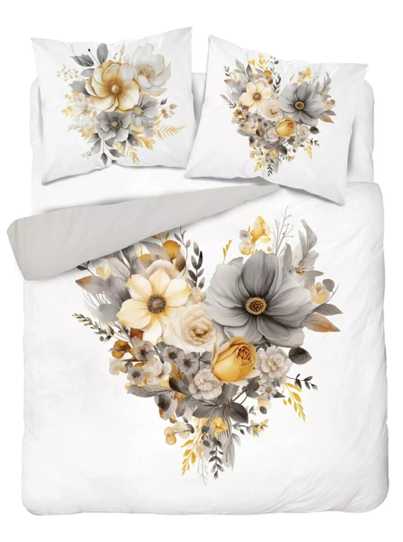 5125 Eine weiße Baumwollbettwäsche von Holland Detexpol mit einem Herzen aus beige-grauen Blumen – 100 % Baumwolle, doppelseitig, polnische Produktion