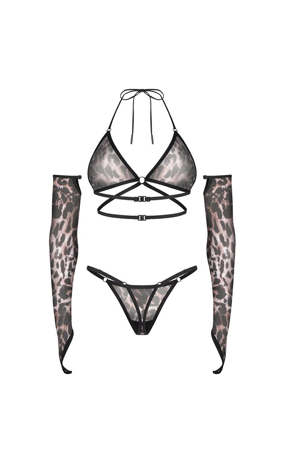 Set Obsessive Addia Soft-BH im Panthermuster, String und Handschuhe