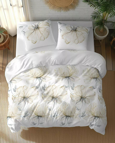 5770 B Cotton Bloom Detexpol weiße Baumwollbettwäsche mit großen cremefarbenen Blumen – 100 % Baumwolle, doppelseitig, polnische Produktion