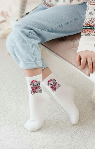 1306-009 Milena Mädchen-Weihnachtssocken ecru – Baumwolle, Teddybärmuster
