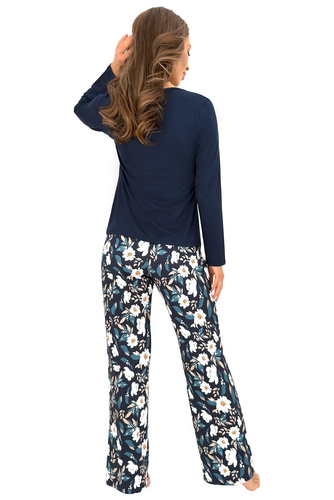 Donna Irene Long Damenpyjama aus Viskose in Dunkelblau mit Spitze und Blumenmuster