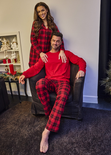 124/305 Denali Cornette – Herren-Pyjama aus Baumwolle, langärmlig, rot, karierte Hose