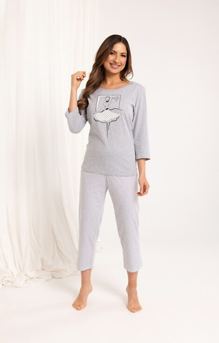 716 Regina Damen-Pyjama, grau – Baumwolle, 3/4-Ärmel, 7/8-Hose mit Mustern
