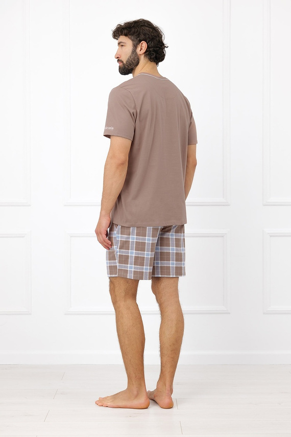 Herren-Pyjama Italian Fashion Dante aus Baumwolle, kurz, Shorts, kariert, mit Taschen – Cappuccino