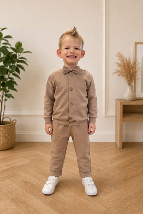 Kinder-Set Leon Bambarillo Beige Baumwolle mit Fliege und Knöpfen