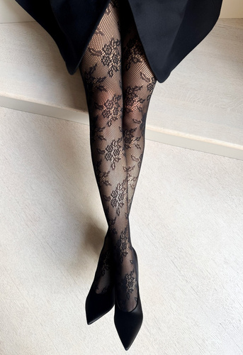 Schwarze Strumpfhose Gia Veneziana – Netzstrumpfhose mit Blumenmuster, ohne Verstärkungen an den Zehen