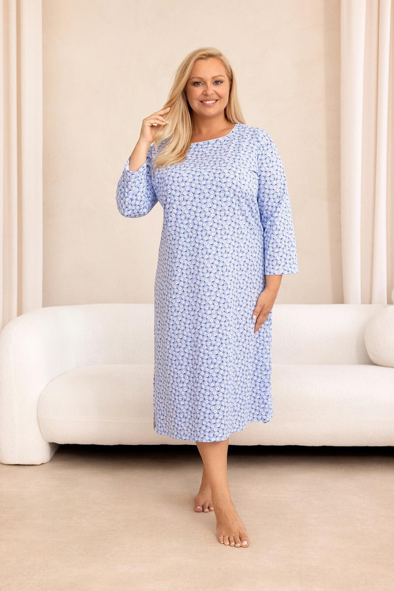 Damen Nachthemd Regina 2008 100% Baumwolle Blumen Langarm Blau