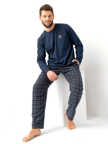 MNS 481 Key Herrenpyjama, Marineblau – Baumwolle, lange Ärmel und glatte Hose