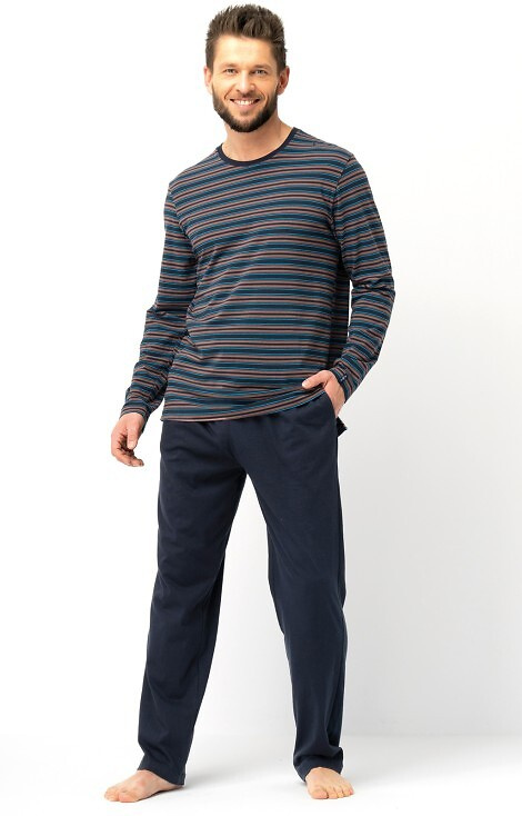 Brauner Herrenpyjama MNS 315 Key – Baumwolle, gestreiftes Sweatshirt und schlichte Hose