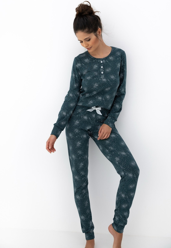 Ellison Damen-Pyjama Sensis, Grün - Baumwollpyjama mit langen Ärmeln und gerippten Bündchen