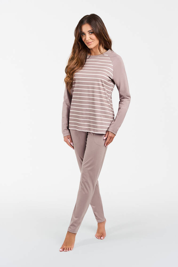 Oda Damen Schlafanzug mit langen Ärmeln, lange Hose Italian Fashion - Cappuccino/Cappuccino Druck 