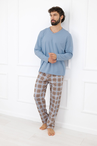 Italian Fashion Dante Herren Baumwoll-Pyjama Lang Kariert-Hose - Stahlfarben