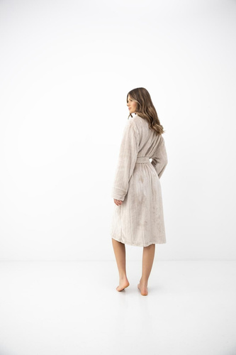 Sensis Evora Damen Bademantel lang mit Kapuze weich beige gestreift