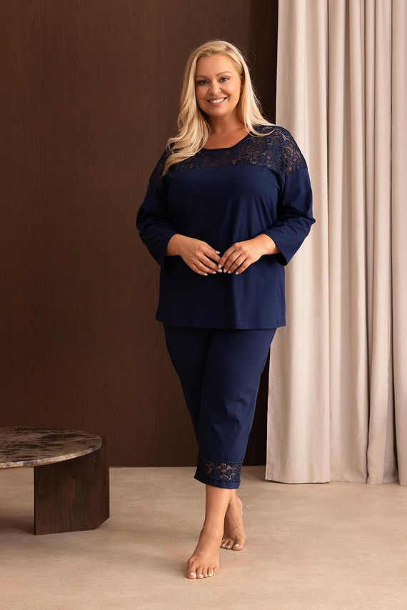 Damen-Pyjama Regina 4014 100% Baumwolle Spitze Langarm 3/4 - marineblau