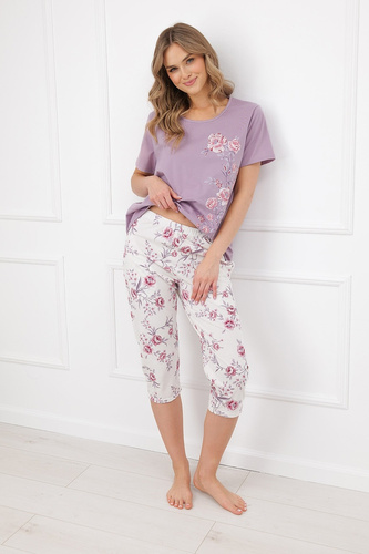 Italian Fashion Karilla Damen-Pyjama 100% Baumwolle 3/4-Hose mit Blumenmuster