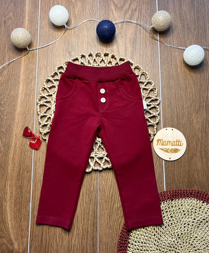 Mamatti SM020 bordeauxrote Kinder-Baumwollhose mit Taschen und Holzknöpfen