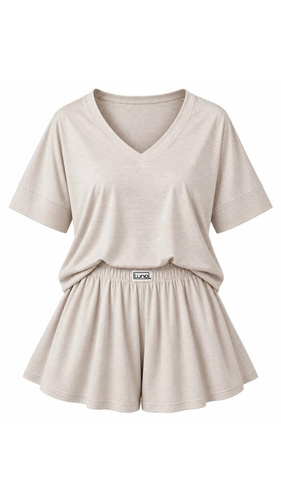 Luna 1313 Damen-Pyjama beige 100% Baumwolle, Shirt und kurze Hose