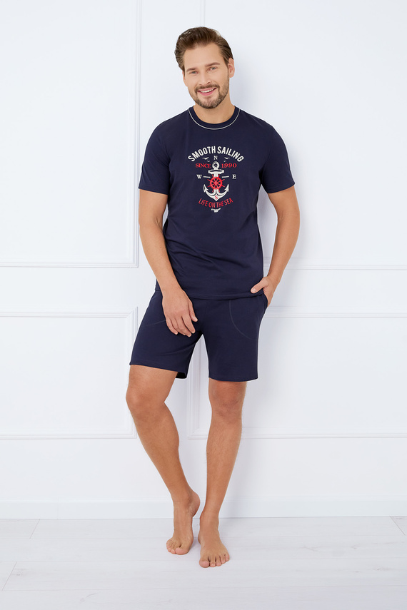 Port Herren Kurzarm-Pyjama, Shorts Italian Fashion - marineblau 