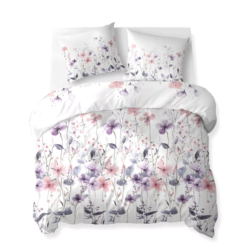 5773 B Cotton Bloom Detexpol weiße Baumwollbettwäsche mit rosa und lila Wildblumen – 100 % Baumwolle, doppelseitig, polnische Produktion