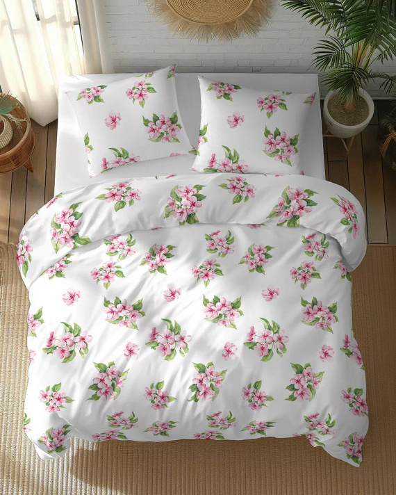 5766 A Cotton Bloom Detexpol weiße Baumwollbettwäsche mit rosa Blumen – 100 % Baumwolle, doppelseitig, polnische Produktion