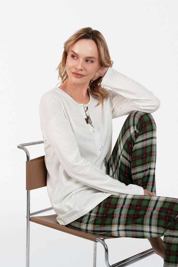 Asama Unbuttoned Ladies' Pyjamas lange Ärmel, lange Hosen Italian Fashion - ecru/print