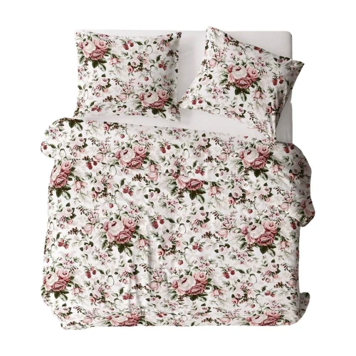 1055N Bielawa KARO Rindenbettwäsche, rosa Blumen | 100 % Baumwolle, Knöpfe, Gewicht 140 g/m²