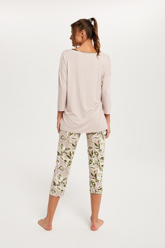 Indonesien Damen Schlafanzug 3/4 Ärmel, 3/4 Hose Italian Fashion - beige/print