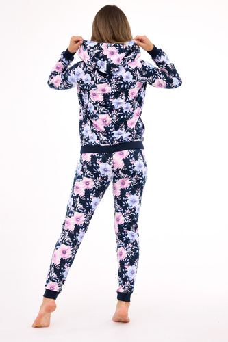 355/464 Maddie Cornette Damen-Pyjama – Marineblauer 3-teiliger Pyjama mit geblümtem Sweatshirt und Kapuze