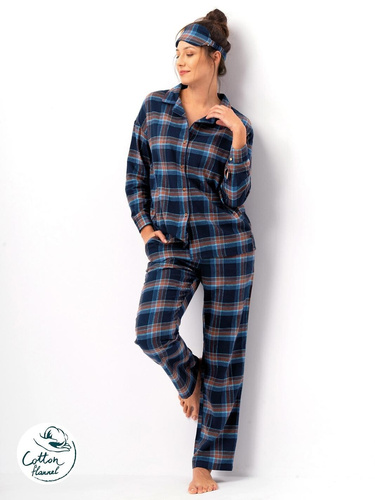 Key LNS 431 Damenpyjama, Marineblau – Flanell-Baumwolle, lange Ärmel, Knöpfe
