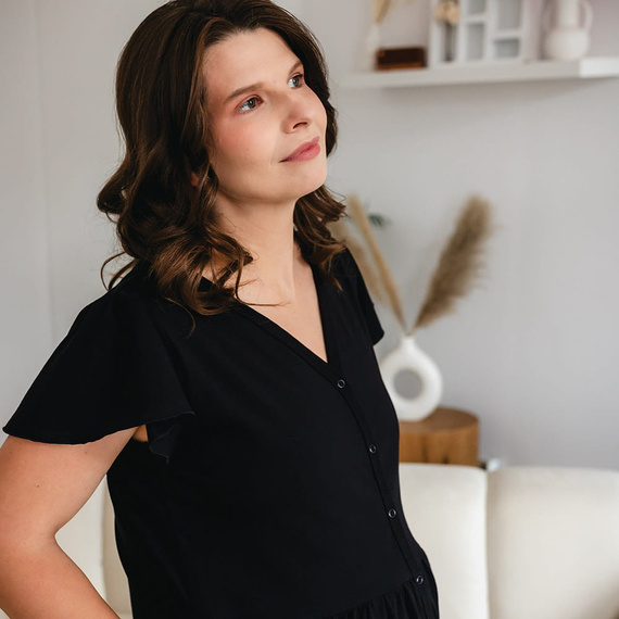 Linda Eevi Umstands-Button-Down-Shirt, schwarz – zum Füttern, flexibel, atmungsaktiv, polnische Qualität