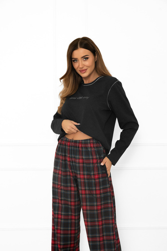 Italian Fashion Damen Schlafanzug dunkel melange-baumwolle, langarm und Hose, kariert 