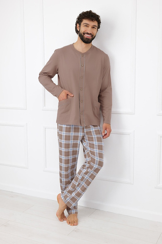 Italian Fashion Wilhelm Herren-Pyjama 100% Baumwolle Knöpfe Kariert - Cappuccino