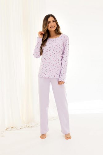 717 Regina Damen-Pyjama, lila – warme Baumwolle, lange Ärmel, Blumen