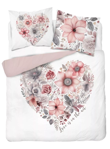 5126 A Holland Detexpol-Baumwollbettwäsche, weiß mit rosa Blumenherz – 100 % Baumwolle, doppelseitig, polnische Produktion