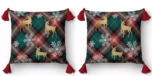 5381 Ein dekorativer Weihnachtskissenbezug Weihnachtsdeko Detexpol – Rentiere und Schneeflocken auf kariertem Hintergrund – Reißverschluss