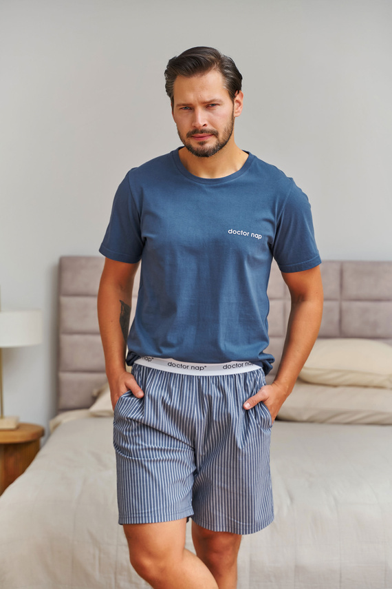 7424 Doctor Nap Herren Baumwoll-Pyjama Denim Blue gestreifte Shorts