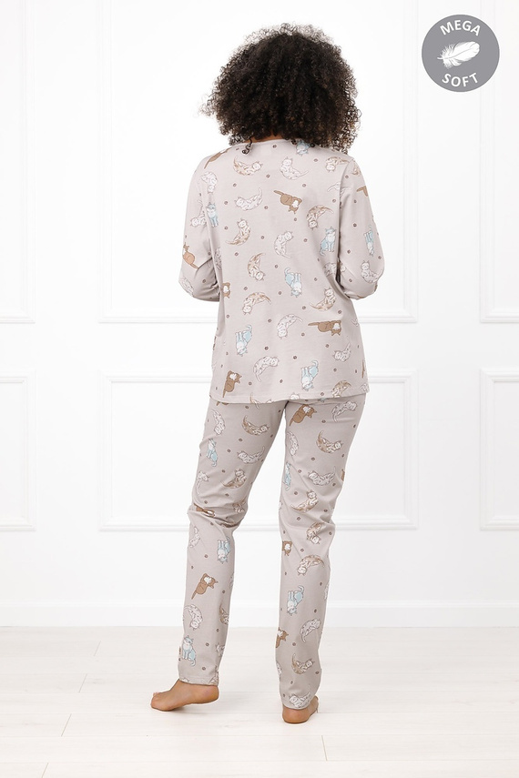 Italian Fashion Filka Damenpyjama Mega Soft lang mit Katzenmuster und Taschen