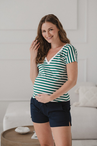 Two Ways Reversible Umstands- und Stillbluse | Kurzarm, bequeme Milk&Love grün-weiß gestreift