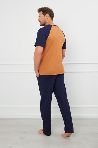 Alexander Herren Kurzarm-Pyjama, lange Hose Italian Fashion - cognac/grenade