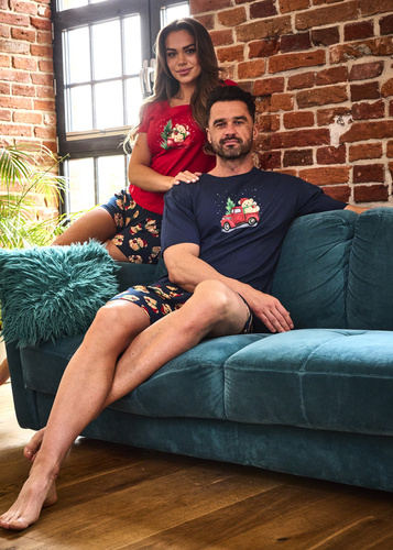 326/291 Teddy 4 Cornette Herrenpyjama – Weihnachten, Marineblau, Baumwolle, kurze Ärmel