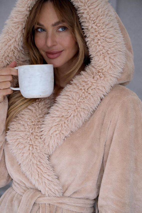 L&L Ana 2646 Angora langer Damenplüschbademantel mit Fellbesatz