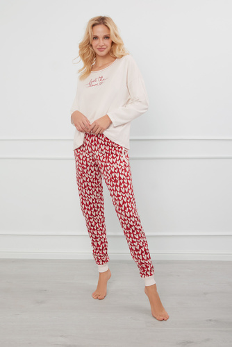 Evora Damen Schlafanzug langarm, lange Hose Italian Fashion - ecru/print