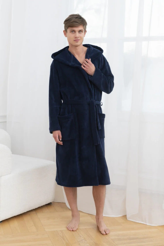 Mimas Herren Bademantel mit Kapuze Italian Fashion - navy blau